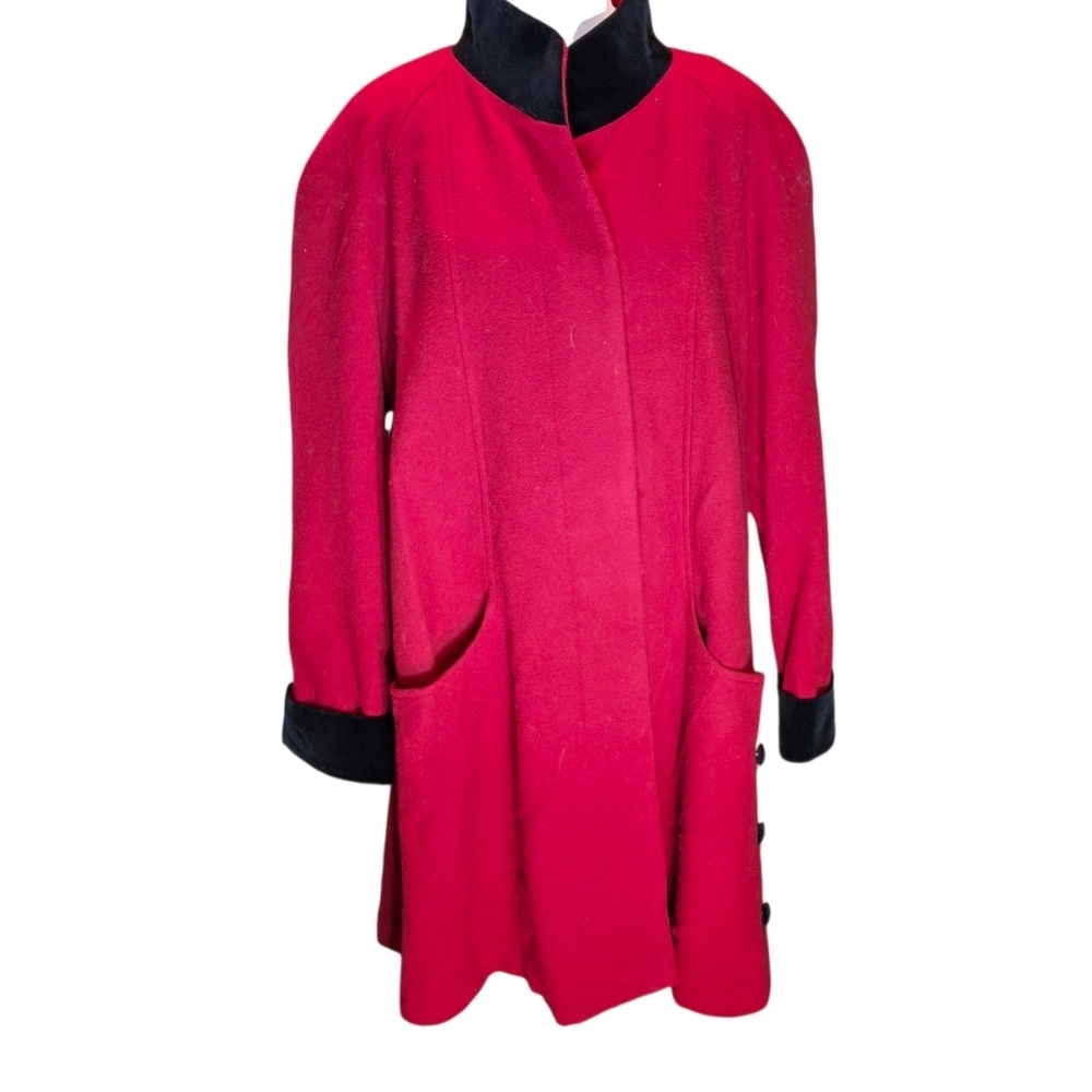Herman Kay Red Wool and Black Velvet Trim Coat Vintage Women Size 16 - Picture 3 of 16